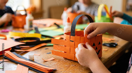 Halloween classroom activities craft children orange paper basket glue table hands black decoration kids holiday creative weaving art seasonal fun indoors education learning celebration festive