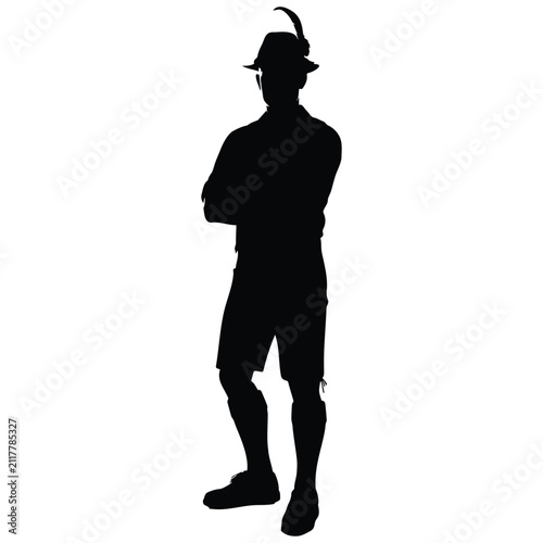 Cuadro en lienzo Bavarian man vector silhouette wearing traditional lederhosen and feathered hat illustration