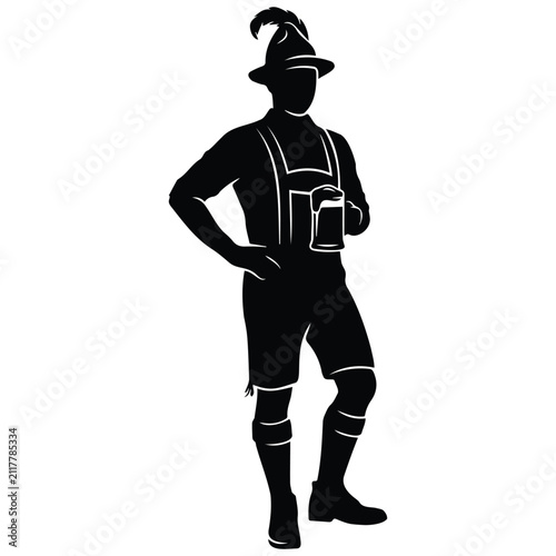 Cuadro en lienzo Bavarian man vector silhouette illustration dressed in traditional lederhosen holding beer