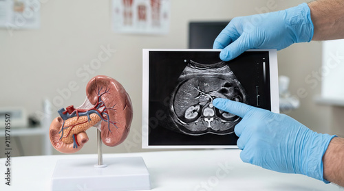 Ultrasound image doctor hand medical glove spleen abdominal scan diagnostic imaging Healthcare professional review ultrasound image of spleen during abdominal examination, medical gloves pointing