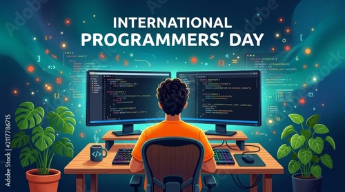 International Programmers' Day: Illustration of Coder Working on Multiple Screens with Programming Languages and Symbols
