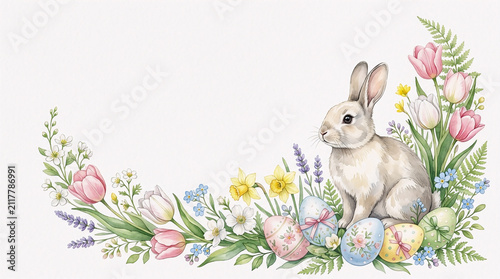 Watercolor Easter bunny with colorful eggs and spring flowers, charming floral illustration with copy space for seasonal holiday designs