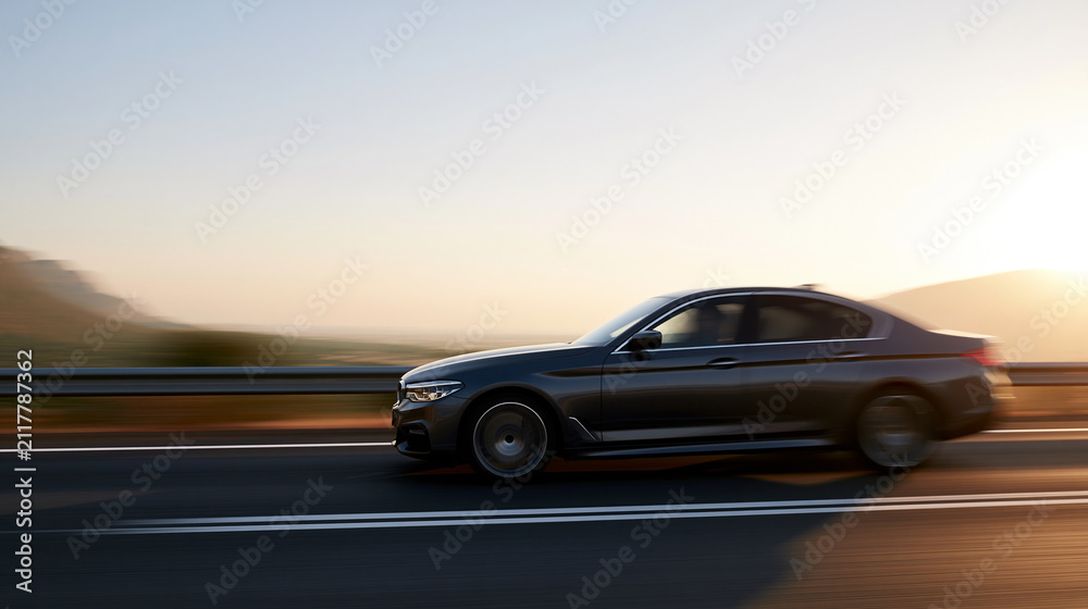 Naklejka premium Car driving along a motorway at high speed, dynamic highway travel concept, with copy space
