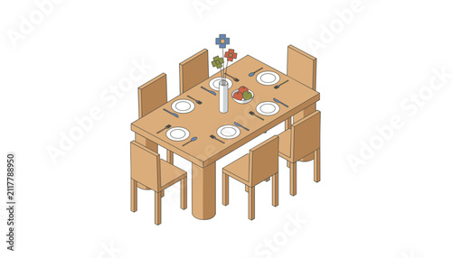 Isometric wooden dining table is perfectly set for six guests with plates, cutlery, fruits, and a floral vase.
