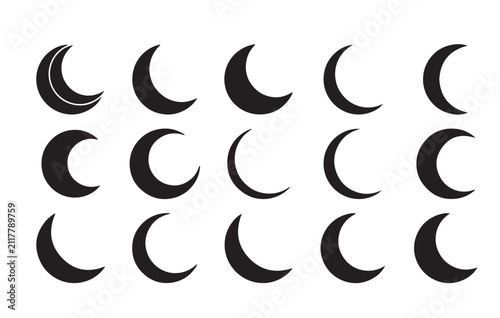 Black silhouettes of crescent moon phases on white background for design