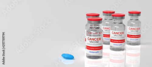 Conceptual cancer vaccine bottles featuring Sildenafil medication for pharmaceutical research and therapy