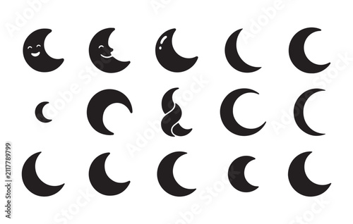 Black crescent moon shapes and icons in different styles and phases