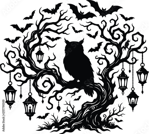 Spooky halloween tree silhouette with owl lanterns and flying bats illustration