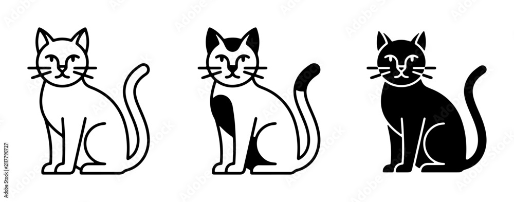 Fototapeta premium Three Simple Cat Icons, Line Art and Silhouette, Vector Graphics for Pet Lovers and Animal Themes