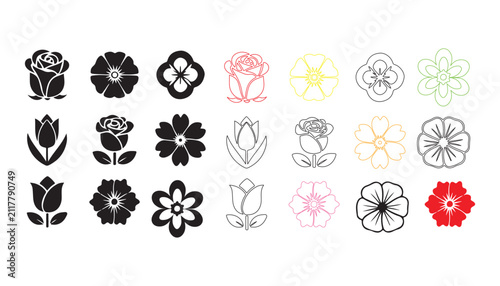 Collection of Diverse Stylized Flower Icons in Multiple Colors and Styles