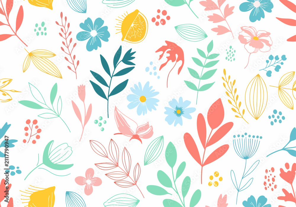 Fototapeta premium Soft Scandinavian Nature Pattern Featuring Stylized Flowers Leaves and Abstract Botanical Decorative Shapes