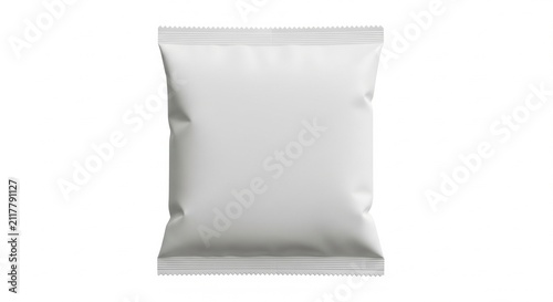 Blank White Snack Packaging Pouch Isolated on White Background, 3D Rendered Mockup for Food Product Branding and Design Presentation