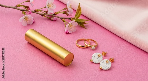 Elegant Flat Lay Photography Featuring Gold Jewelry Items and a Smooth Gold Tube Container on a Bright Pink Textured Background