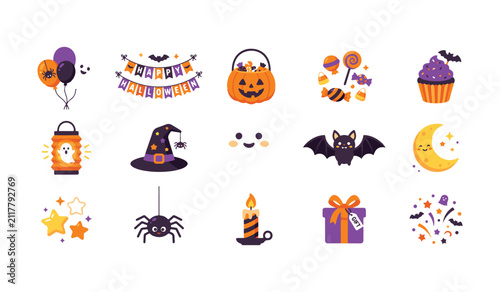 Halloween icons and symbols in orange, purple, and black