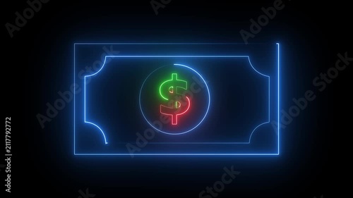 Glowing neon line bank note dollar icon isolated on black background. dollar banknote icon. stacked dollar bills representing finance, banking,savings, and economic wealth concept.4k animation video.