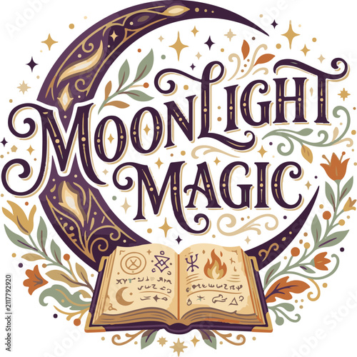 Moonlight Magic Ornate Crescent Moon and Spellbook Illustration