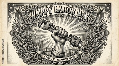 Vintage Labor Day Fist Holding Wrench Poster.
