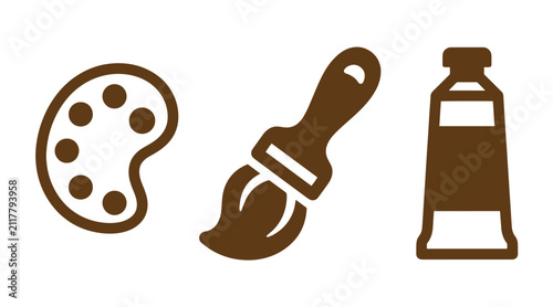 Artist supplies flat icons set containing a color palette a paint brush and a tube of oil paint with supplies painting creative equipment illustration professional artistic