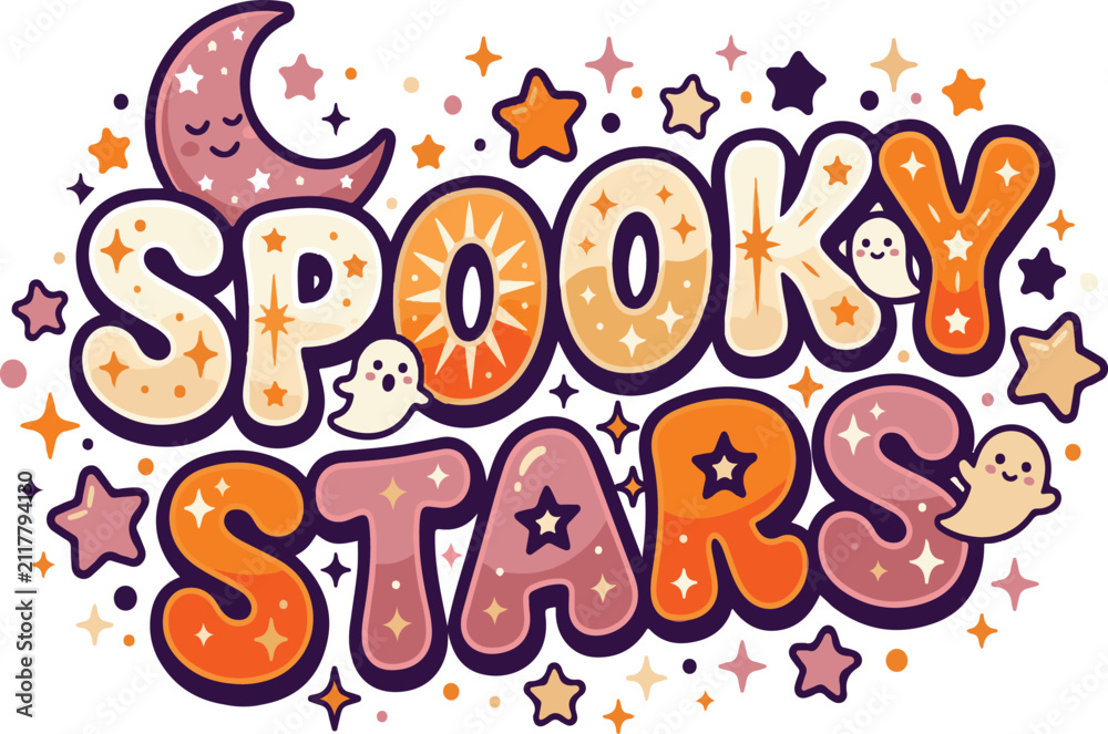 Fototapeta premium Spooky Stars Halloween Lettering Illustration with Cute Ghosts and Crescent Moon