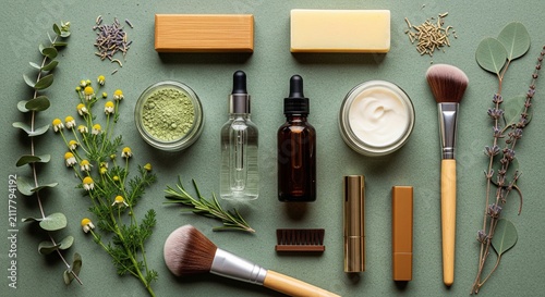 Organic skincare and natural beauty product flat lay with botanical extracts, essential oils, and makeup brushes on a sage green background