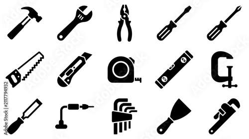Fotografía Set of black silhouette icons representing various construction tools and hardwa