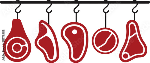 Foto Raw meat cuts hanging on butcher hooks set with butchery, slaughterhouse