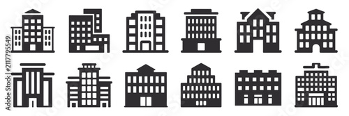 Silhouette building office icon set featuring isolated commercial architecture on transparent background for vector illustration.
