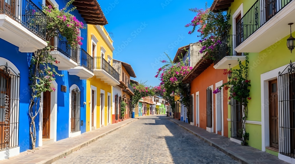 Fototapeta premium A colorful and vibrant street scene featuring beautiful colorful buildings along a tourist street. Taken during the day with no people highlighting the