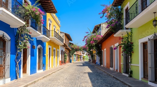 A colorful and vibrant street scene  featuring beautiful colorful buildings along a tourist street. Taken during the day with no people highlighting the
