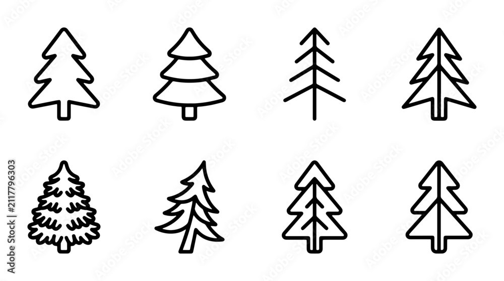 Obraz premium Conifer Tree Icons Set, Simple Evergreen Forest Silhouettes, Outline Pine and Fir Vector Graphics for Nature and Winter Designs