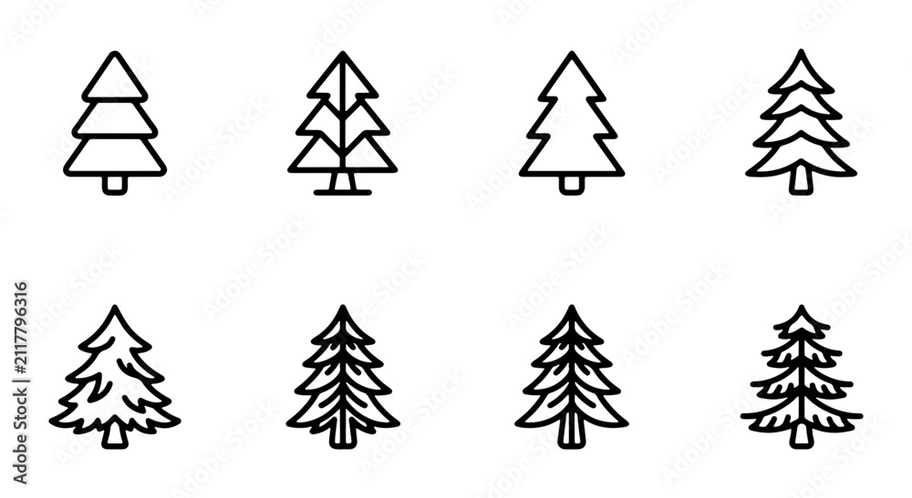 Obraz premium Set of 8 minimalist Christmas tree icons, simple outline vector illustrations for holiday design, winter forest elements, festive graphic resources