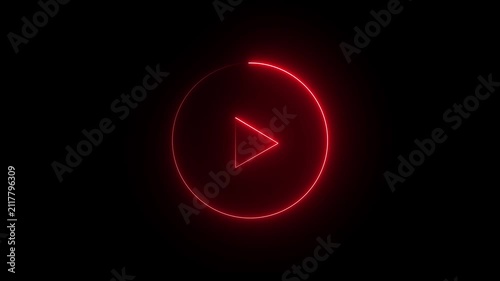 Glowing neon shine play button sign with neon circle animation. Neon glowing play button icon on the black background. red color neon icon. 4k animation motion video..