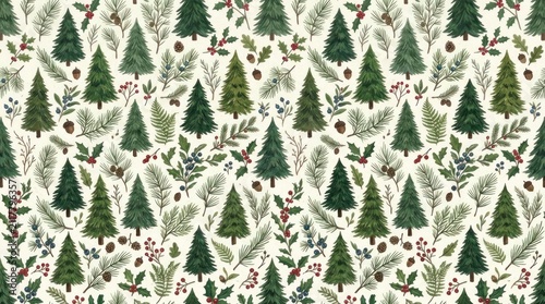 Christmas tree pattern with green and red decorations on a white background.