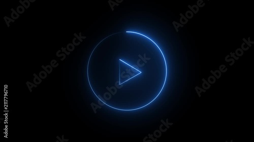 Glowing neon shine play button sign with neon circle animation. Neon glowing play button icon on the black background. blue color neon icon. 4k animation motion video..