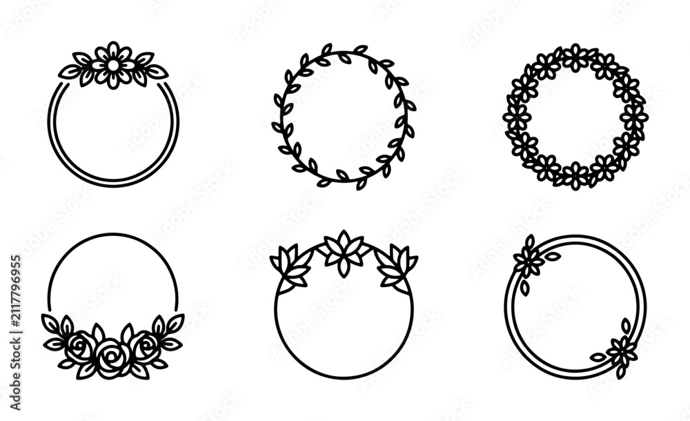 Fototapeta premium Floral Circle Frames, Decorative Round Borders, Botanical Wreath Elements, Vector Design Set
