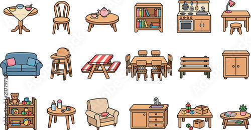 Cute cartoon furniture vector set featuring home interior kids nursery playroom tables chairs sofa bookshelf stove and toy icons