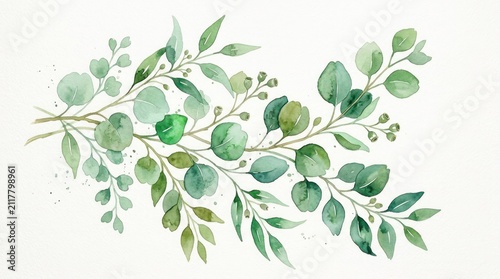 A watercolor painting of a green leafy branch with green leaves and berries on a white background.