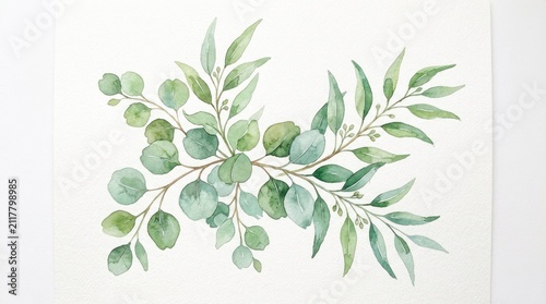 A watercolor painting of a green leafy branch with a white background.