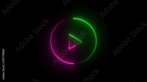 Glowing neon shine play button sign with neon circle animation. Neon glowing play button icon on the black background. green and pink color neon icon. 4k animation motion video..