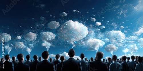 A group of people in suits observe a sky filled with floating bubbles containing miniature cityscapes under a bright, partly cloudy blue sky.