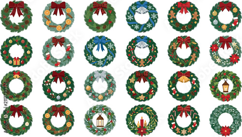 Christmas wreath vector icon collection featuring traditional winter holiday pine garlands with bows bells lanterns candles berries and festive ornaments.
