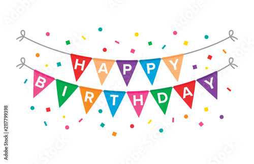 Colorful happy birthday banner with confetti and bunting