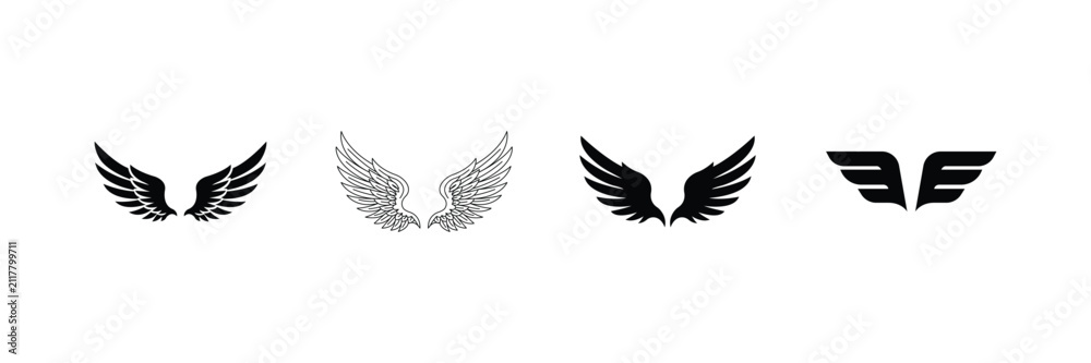 Fototapeta premium Wing vector icons set with angel bird feather silhouette line art and geometric wing design.