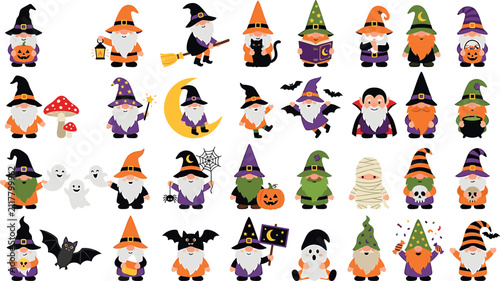 Cute Halloween gnomes cartoon vector character collection featuring spooky garden tomte wizards vampires mummies pumpkins ghosts and autumn festive elements.
