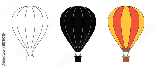 Colorful hot air balloons in different styles and designs featuring vibrant travel, adventure, festival, and celebration illustrations.