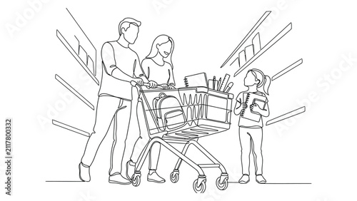 Family Shopping for School Supplies Line Art Illustration.