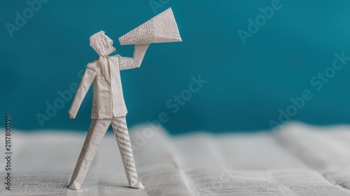 A paper origami figure holding a megaphone made from newspaper, standing on an open book with a blue background.