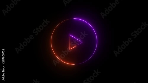 Glowing neon shine play button sign with neon circle animation. Neon glowing play button icon on the black background. purple and orange color neon icon. 4k animation motion video..