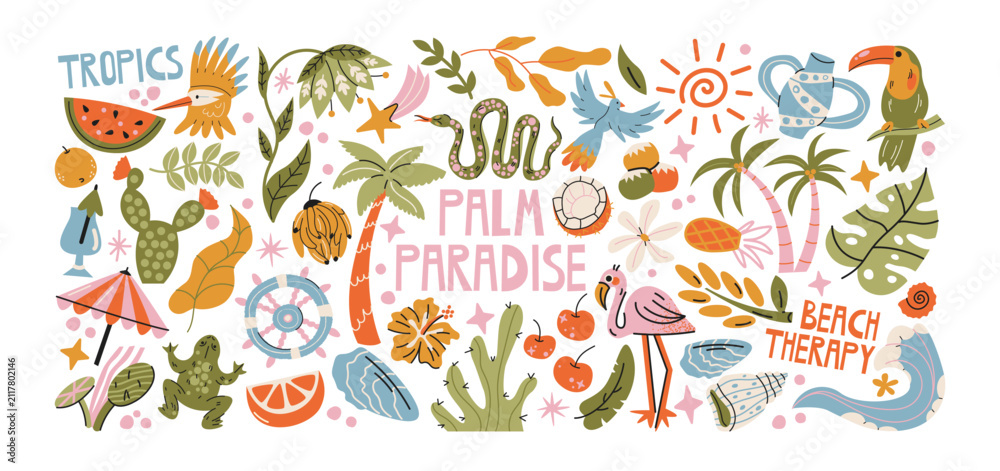 Obraz premium Tropical island life stickers with palm trees, tropical animals, exotic fruits, ocean plants and coastal nature, paradise vacation elements, summer beach travel and tropical lifestyle