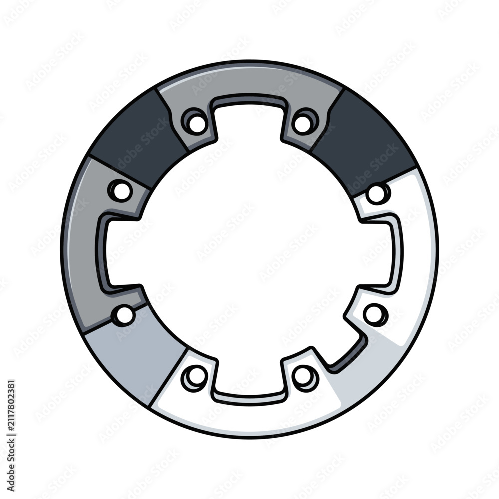 Naklejka premium Vector illustration of a circular mechanical component with segmented grey shades and fastening holes, ideal for industrial diagrams or bicycle rotor graphics